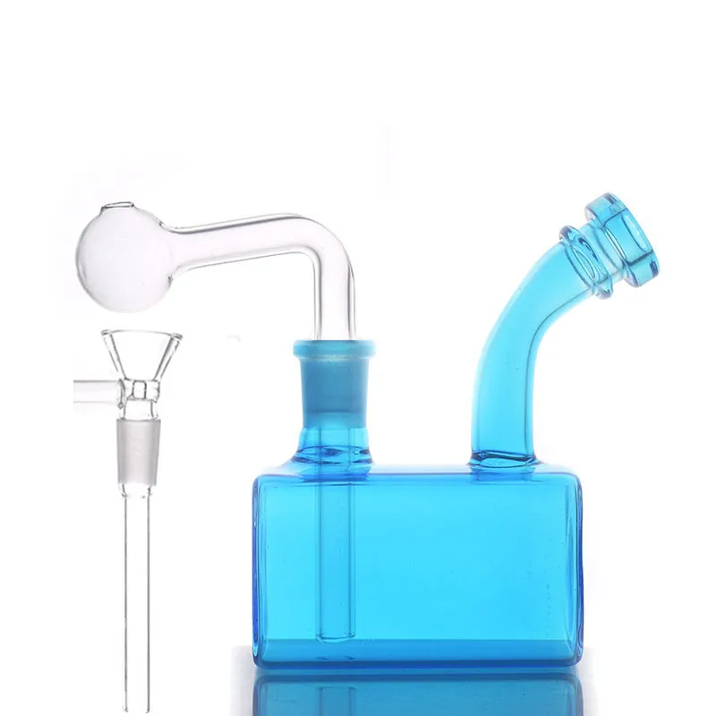 Partihandel Färgglada mini Square Glass Water Tobacco Bongs Rökning Oljebrännare Rör Huvudsakliga mini Dab Rigs Liten bärbar bubblare Bägare Bong med Downstem Bowl