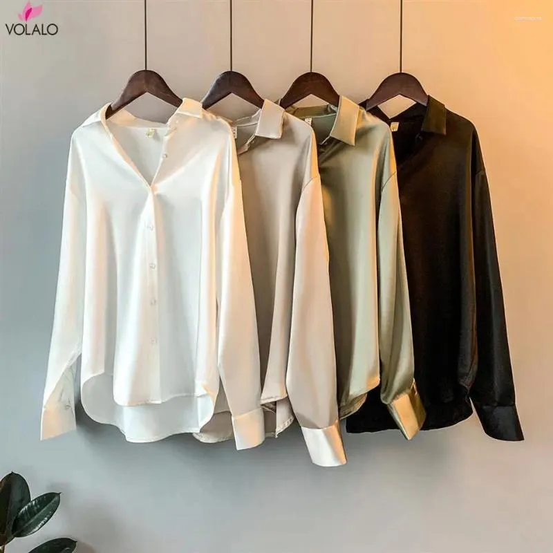 Blouses pour femmes Volalo Silk coréen Bureen Bureaux Blouse de chemise élégante Bouton Fashion Bouton Up Satin Vintage White Long Man Manses à manches longues Tops