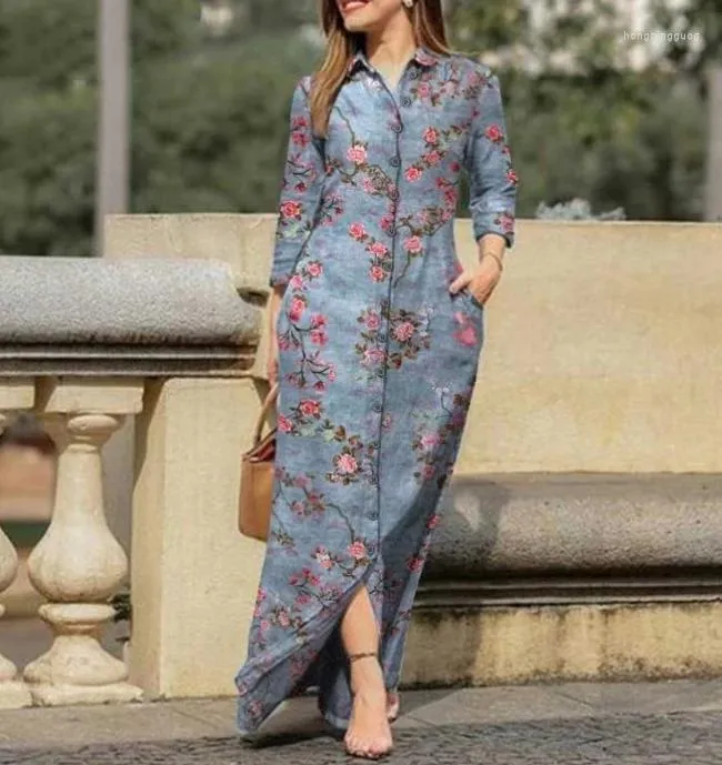 Casual Dresses Shirt Dress Spring Contrast Floral Elegant 2024 Loose Printed Pocket Lapel Single Breasted Long For Women