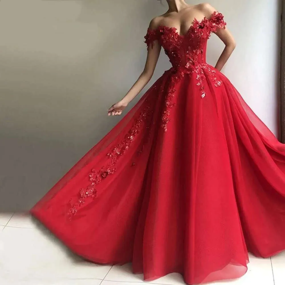 Floral 3D A Dresses Line Red Evening Applicants Sequined Lace Off The Shoulder Vestidos de Feista Plus Size Women Formal Party Wear Prom Clows Ppliques