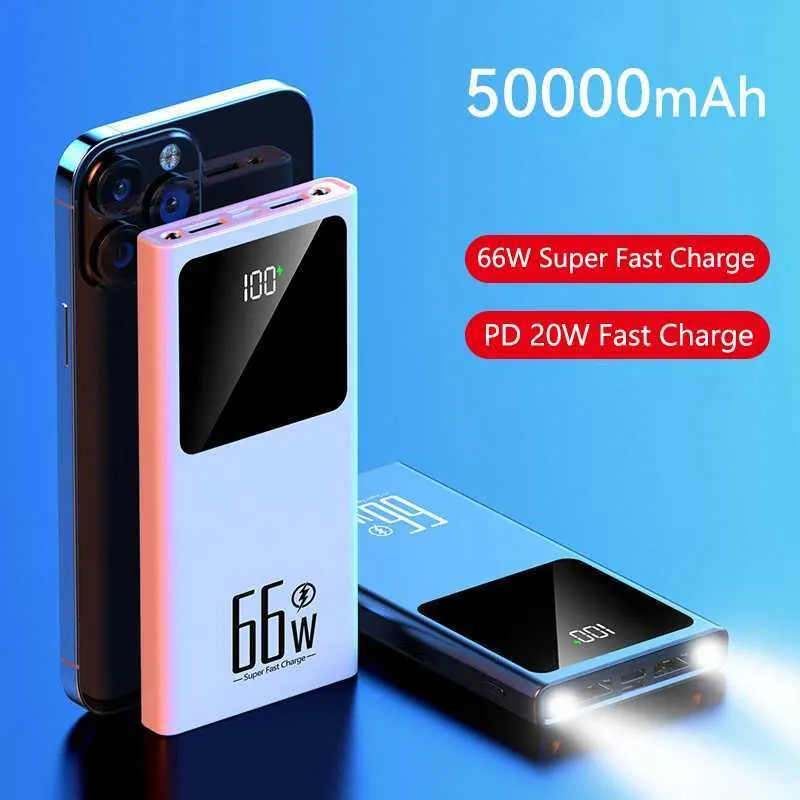 Mobiltelefonnetzbanken 50000 MAH 66W Ultra schneller Ladepaket mit 100% Kapazität tragbarem Akku -Ladegerät für iPhone Xiaomi Huawei Samsung J240428 geeignet