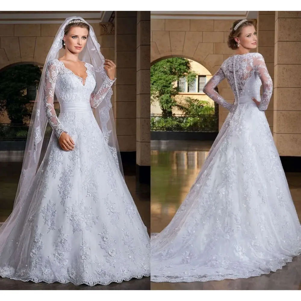 White Pure Spring 2020 New Lace A-Line Wedding Dresses Plunging Neckline See Through Back Long Sleeves Bridal Gowns Vestido De Noiva Manga