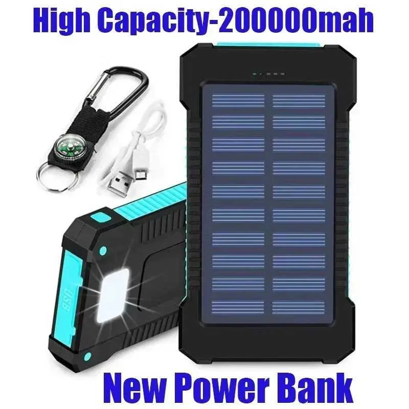 Mobiele telefoon Power Banks Origineel 200Ah Outdoor Portable Solar Bank Waterdichte USBCompass Externe Charger geschikt voor iPhone smartphone Power Bank LED -lichten J240