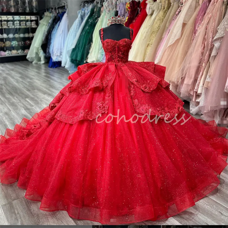 Red V Neck Quinceanera Dresses Spaghetti Straps Beads Flower Sweet 15 Party Gown c2939