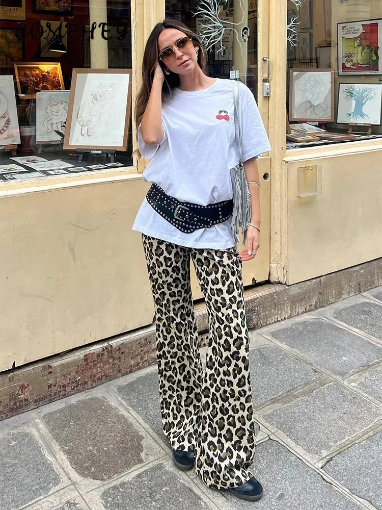 Mode leopardtryck byxor för kvinnor casual lösa flares fickor chic byxor kvinnlig 2024 vår streetwear all-match byxa 240420