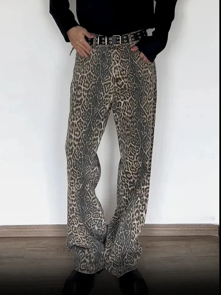 Jeans de lavado de leopardo americano para mujeres Y2K Retro Street Girl LOLE COREANO COREANO Jeans holgados de jeans holgados de cintura alta 240419