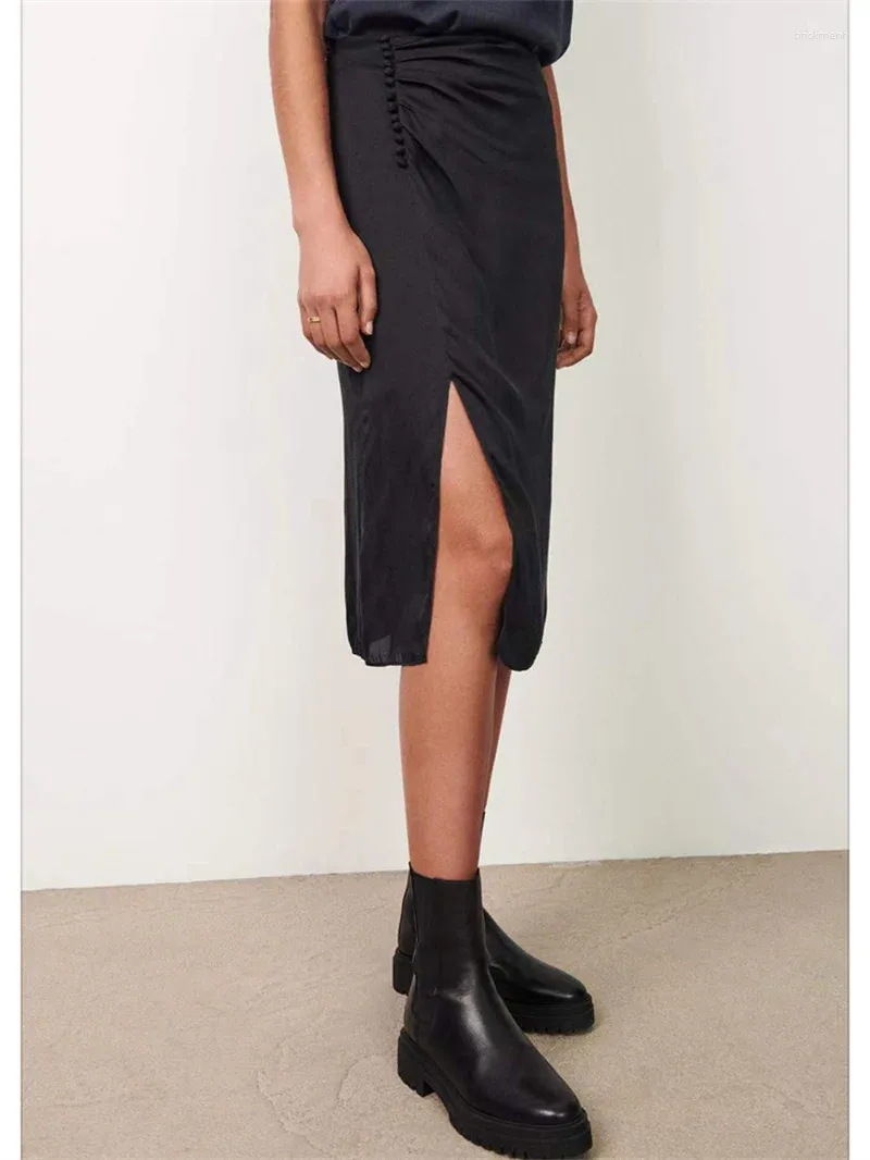 Skirts Women Button Slit Asymmetrical Skirt Black Silky Sexy Female High Waist Fashion Jupe 2024 Summer
