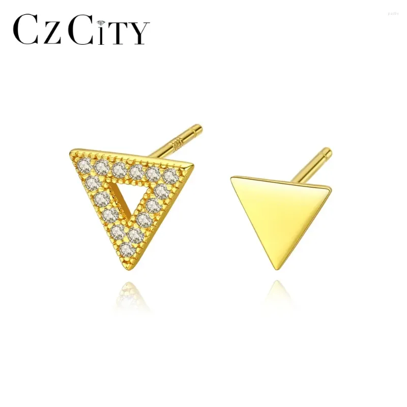 Boucles d'oreilles Stud Czcity Corean asymétrique Triangle Zircon pour femmes Design unique 925 Brand de sterling Brand Fine bijoux