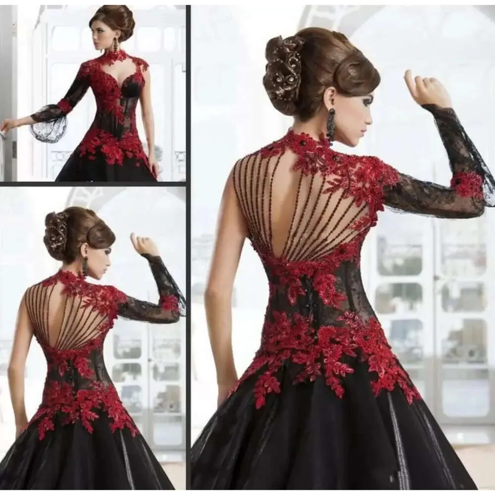 Masquerade Victorian Prom Dresses Gothic High Neck Red And Black A-Line Lace Appliques Formal Evening Gowns Beading Vintage Special Ocn Dress Floor Length