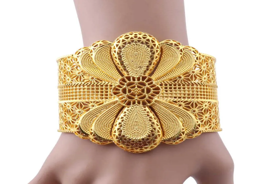 Luxury Indian Big Wide Bangle 24k Gold Color Flower Bangles For Women African Dubai Arab Wedding Jewelry Gifts7898520