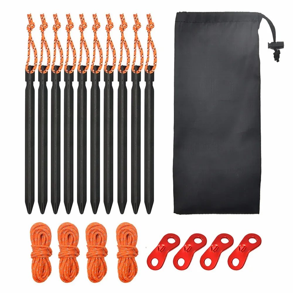 Shelters 1 Set Aluminum Alloy Tent Pegs Nails Stakes Ropes Camping Hiking Tent Accessories Including Wind Rope Hammer Reflective Cord