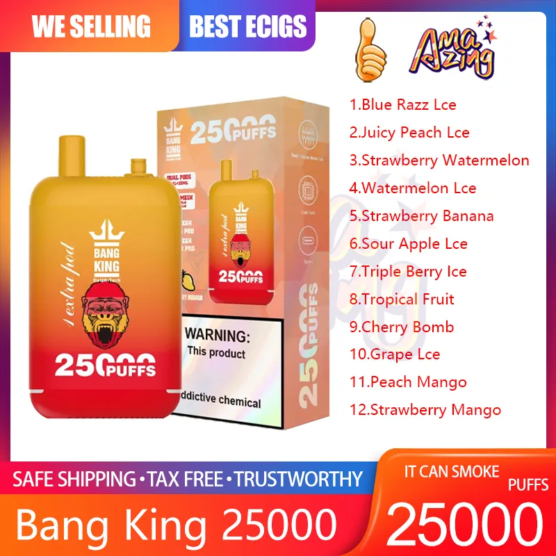 Original Bang King 25000 Puff -Einweg -Vape -Stift 0% 2% 3% 5% Mesh Spule 650mAh wiederaufladbare Batterie 46 ml Schote 25K Puffs E Zigaretten 12 Aromen