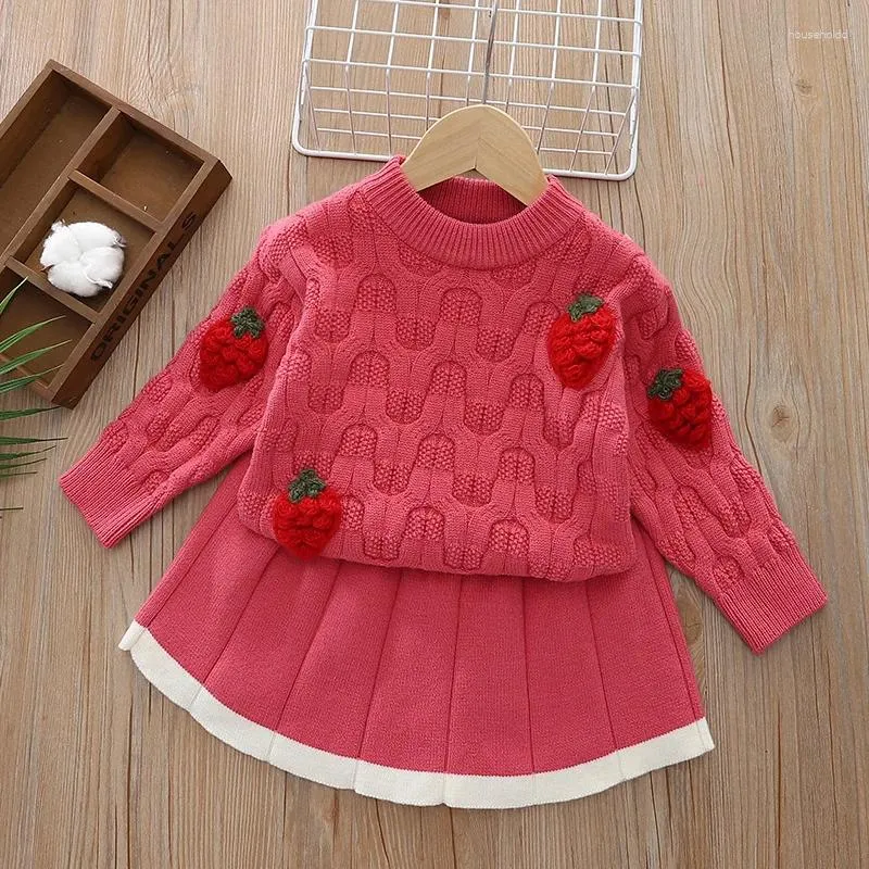 Clothing Sets Spring Autumn Infant Baby Girl 2PCS Clothes Set Cartoon Strawberry Crochet Pullover Suit Solid Knitted Skirt Toddler Outfit