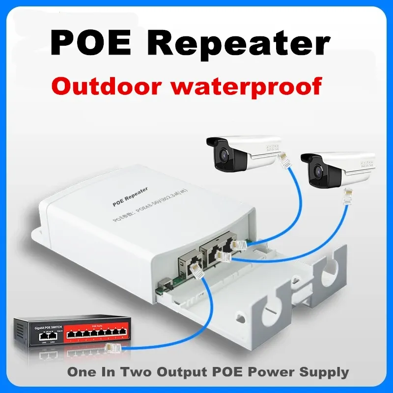 Cameras Poe Extender extérieur imperméable 200 mètres de gamme Poe Repeater 1 sur 2 Sortie 48V Commutateur réseau POE Adaptateur IEEE 802.3at / af