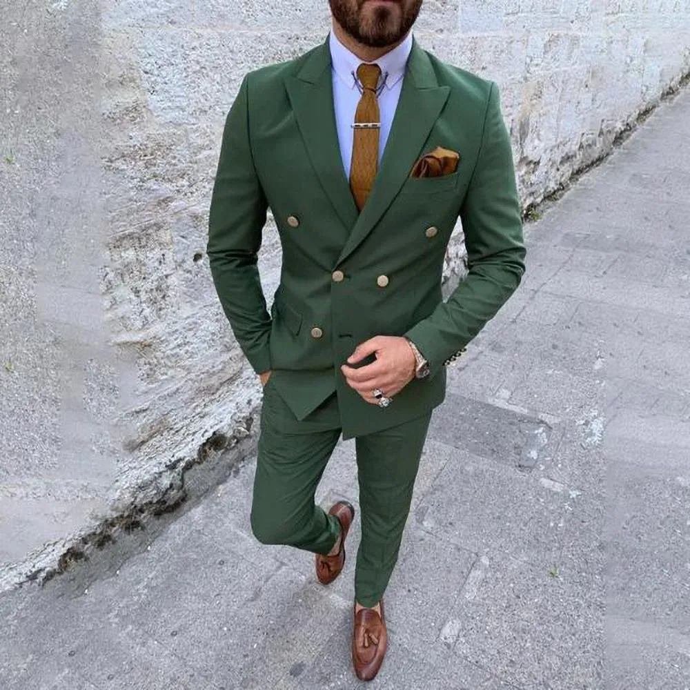 Pakken Fashion Men Suits Green Chic Peak Rapel Double Breasted Solid 2 -delige formele casual bruidegom bruiloft Tuxedo Slim Fit Blazer broek