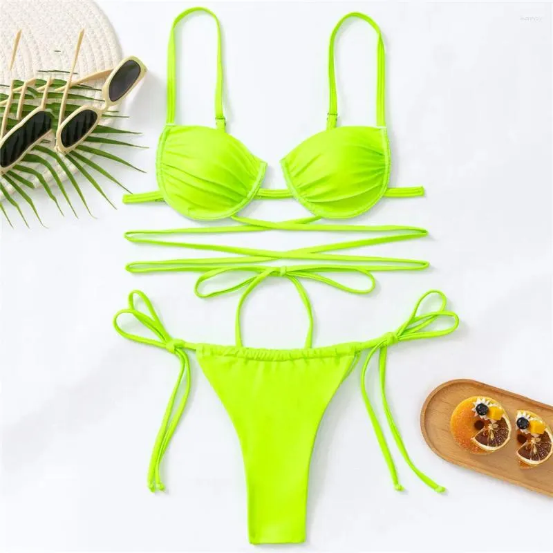 Bikini da bagno femminile set di bikini sexy neon verde push up micro perizoma bikini da donna corda cross-up costumi da nuoto in bagno mini biquini