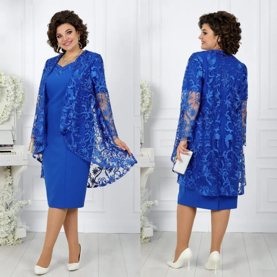 Blauwe kanten moeder van de bruid jurken met lange mouwen jas bruiloft gast jurk thee lengte plus size size jurken