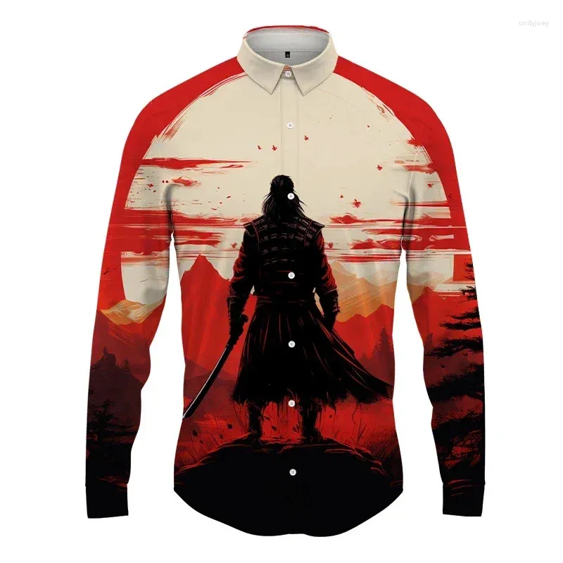 Men's Casual Shirts Japanese Samurai 3D Printed Lapel Shirt ManWomen Fashion Long Sleeves Button Tops Oversized Unisex Clothing