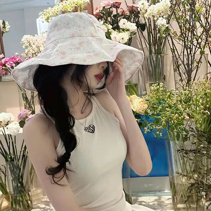 Wide Brim Hats Ins Summer Vacation Flower Sunshade Bucket For Women Super Foldable Beach UV Protection Upf Sun Sun With String