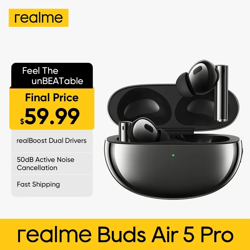 Headphones realme Buds Air 5 Pro TWS Earphones 50dB Active Noise Cancelling 11mm Bass Driver Wireless Earbuds HiFi realBoost Dual Driver