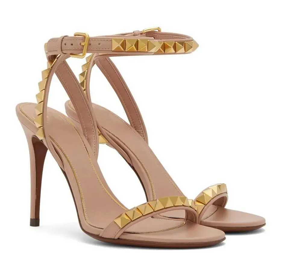 Eleganta kvinnliga studs sandaler skor ingen begränsning naken vit guld nappas läder pumpar fest bröllop hög klackade dam gladiator sandalias eu35-43
