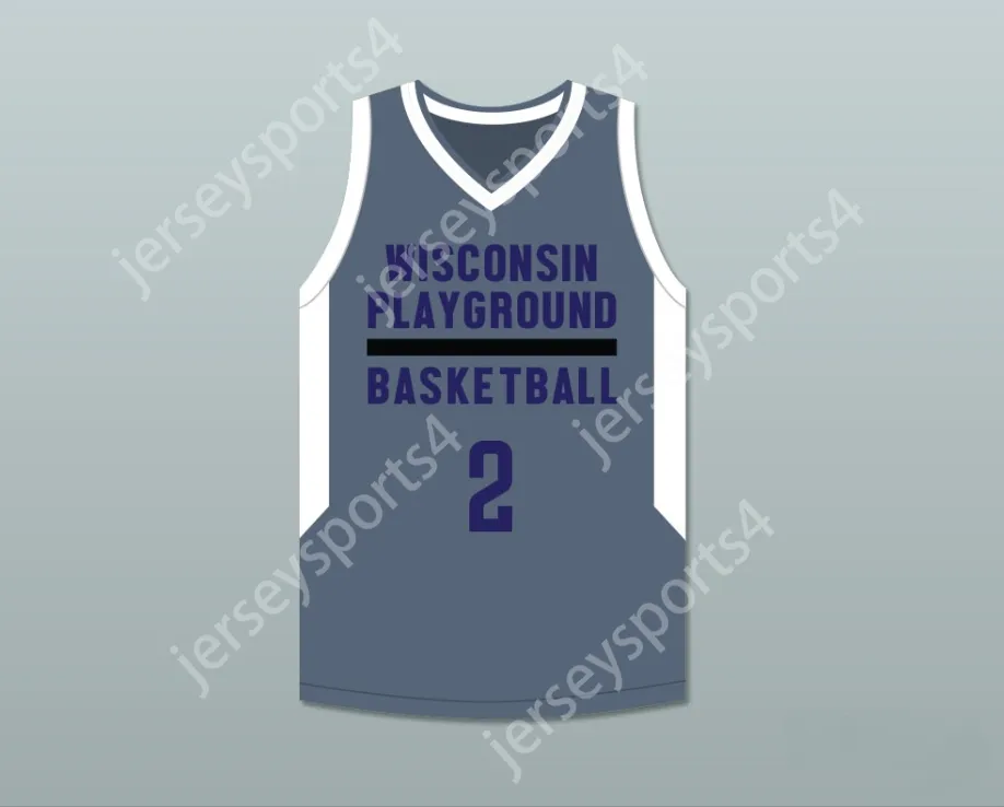 Nom nay personnalisé Mens Youth / Kids Player 2 Wisconsin Playground Basketball Gris basket-ball Jersey Top cousé S-6XL