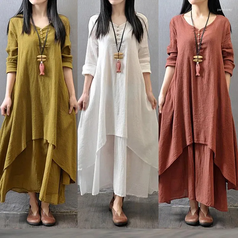 Robes décontractées Robe en lin en coton printemps et d'été pour femmes mode V cou Boho Boho Deux pièces Long Loose Falle Flax FEMME