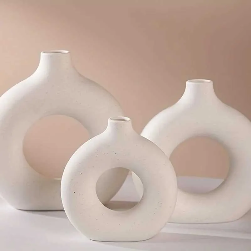 Décorations de jardin 1pc Vases en céramique blanc / beige pour décor pour décoration de décoration moderne vase Boho Vases pour décor Circle Vase Vase Vase Donut Vas