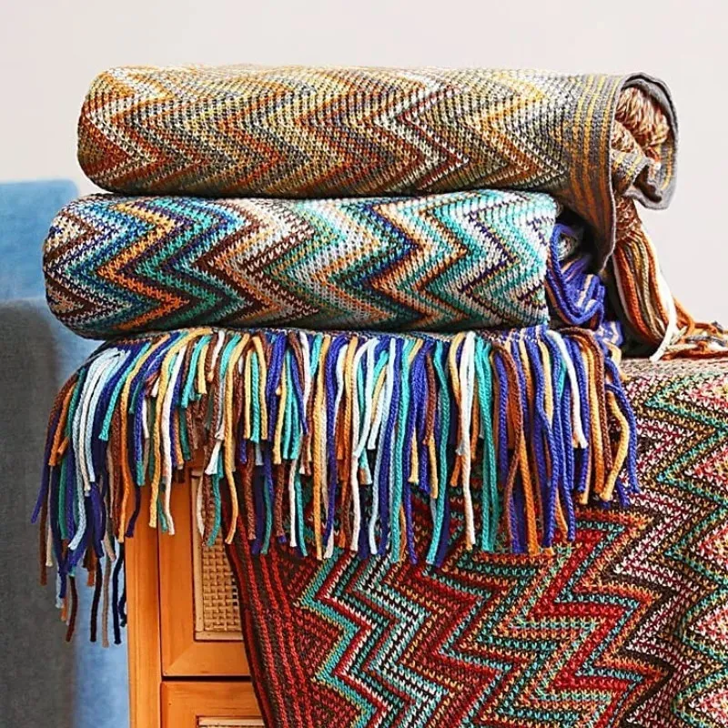 Boho Throw Blanket Rust Red Blankets for Couch Bed Sofa Knitted Tassel Lightweight Mexcian Afgan 240409