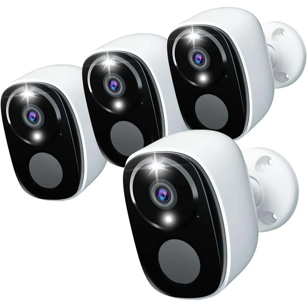 Caméras de sécurité extérieures sans fil 4pack avec résolution 2K, batterie, wifi, projecteur, alarme de sirène, audio à deux voies, vision nocturne couleur, détection de l'IA pour la maison