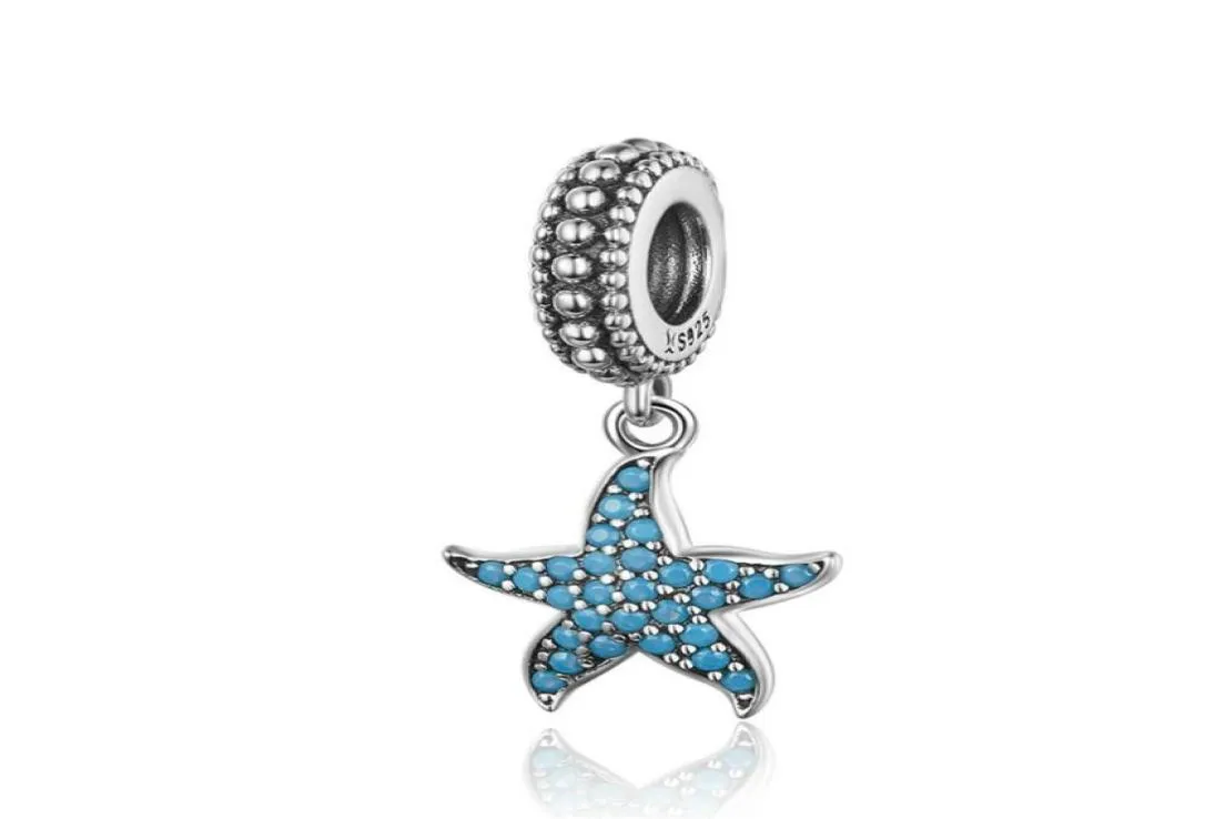 Blue CZ Full Pave Setting Cute Starfish Dangle Charm Pendant Fit Armband 100% äkta 925 Sterling Silver298J2115942