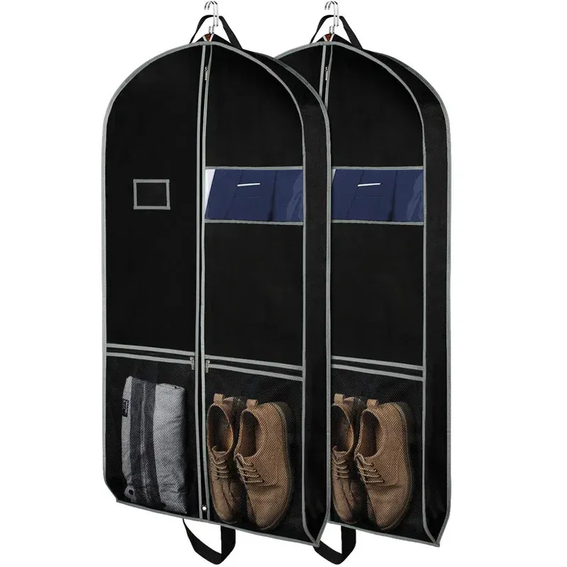 Cubiertas cubierta de traje negro con gritos con bolsillos de calzado de malla grande para el viaje de ropa para viajar bolsas de vestir de ropa transpirable bolsas de vestir