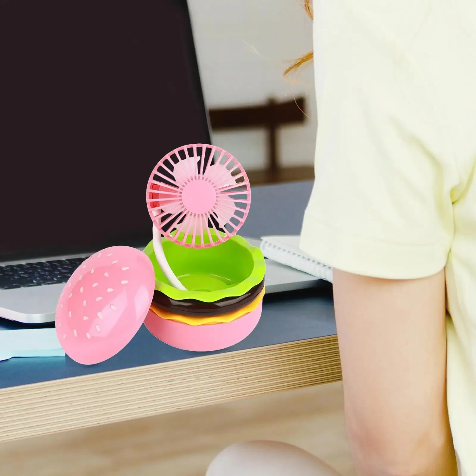 Cute Burger Mini Desk Fan Handheld Fan Compact Folding Quiet Kids Outdoor Hand Fan USB Desk Fan for Home Makeup Girls Office