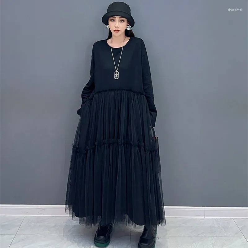 Casual Dresses Elegant Black Mesh Spliced Long Dress Spring Autumn A Line Full Sleeve Pullovers Plus Size Clothing Pregant Wear