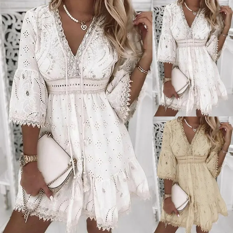 Casual Dresses Spring and Summer Lace Patchwork Floral Cut Out Sexy V Neck Flare Sleeve Holiday Dress