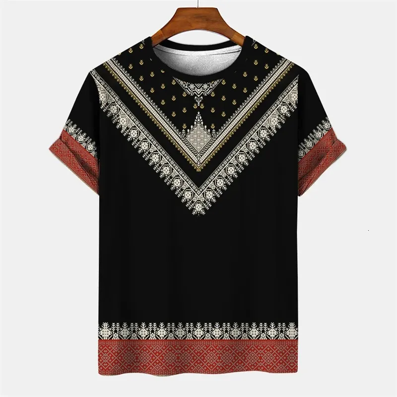 Summer Mens Vintage Tshirt African Tradition Stripe Printed Ethnic Style T Shirts Street Oneck Short Sleeve Holiday Tees Tops 240425