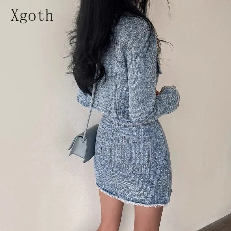 Xgoth Sweet Womens Jirt Set French Luxury Small Fragrance Denim Veste Girls Jirts Tempérament Spring Two-Piece Suit 240425