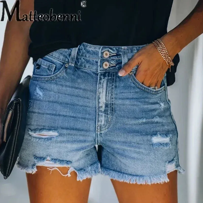 Kvinnors hög midja skarvknapp Tre kvart byxor mode trend trasiga hål streetwear kvinnliga sommar casual denim shorts 240418