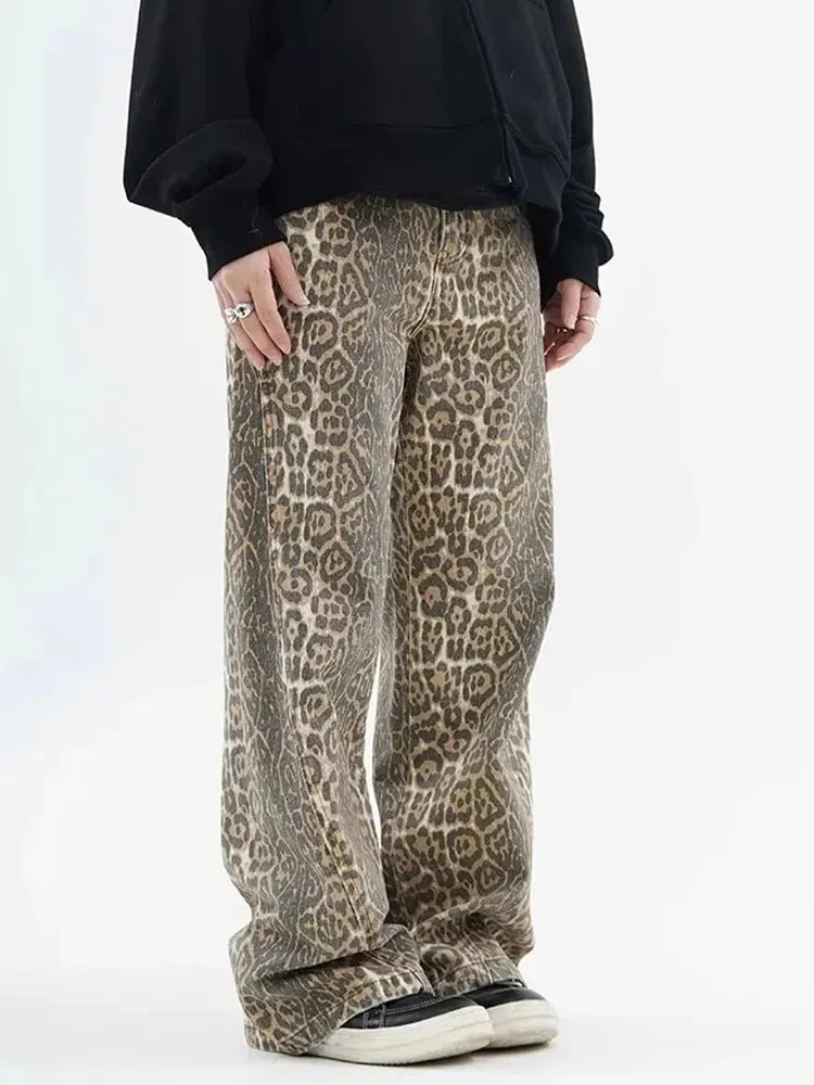 Vintage Leopard Print Jeans Frauen Frühling übergroß