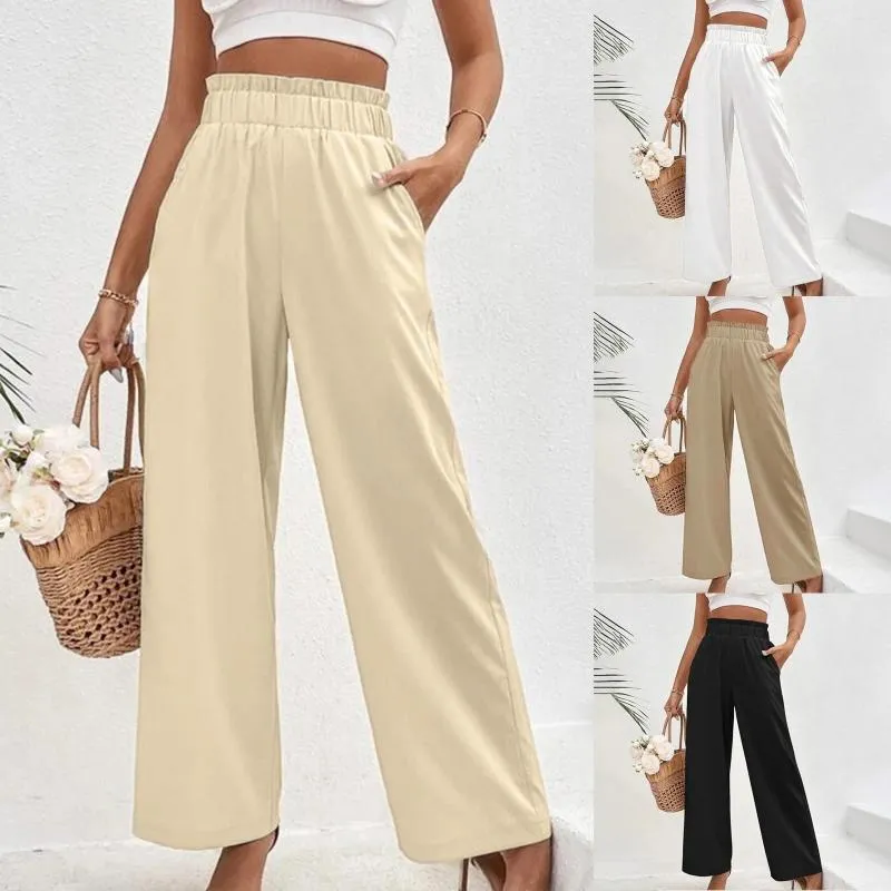 Pantalones de mujeres Summer Básico Básico Straight Para Mujeres Rushled Longitud de tobillo alta en la cintura Flujo de trabajo Flujo de piernas anchas Palazzo Palazzo