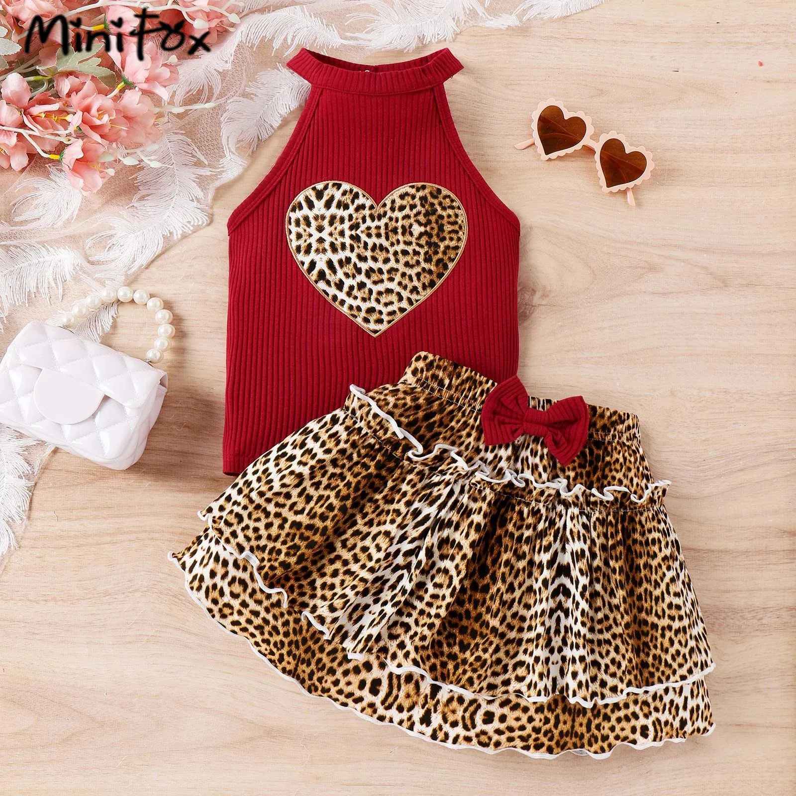 Minifox 2pcs Zomersets voor meisjes Kids Hart Grafische halter Neck Top en luipaard Cake Skirts Childrens Clothing Girls Outfit 240426