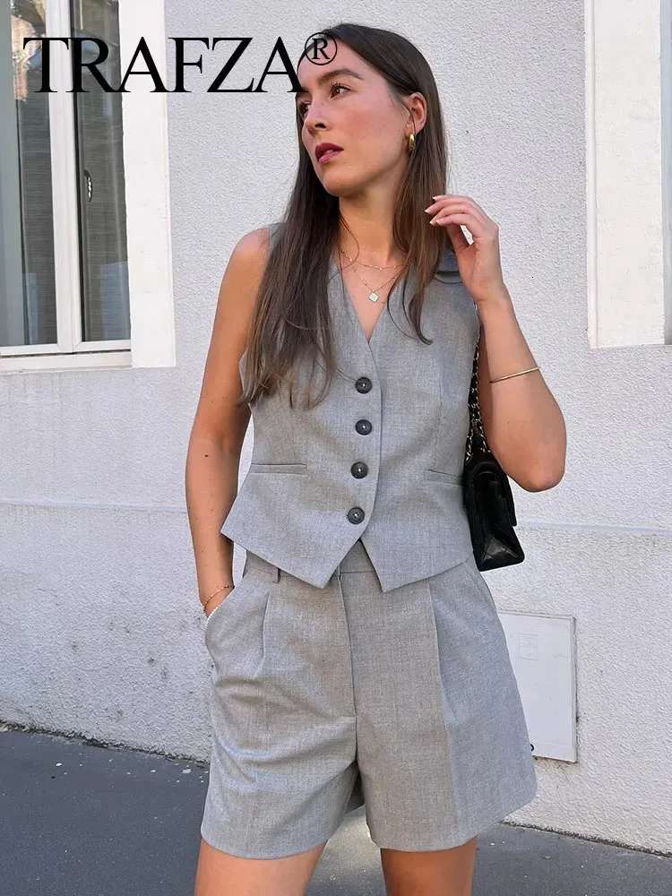 Trafza Women Vest Pant Suit Vintage Solid vneck Одиночная грудь без рукавов топ -шорты летняя женщина уличная одежда серая сета 240423