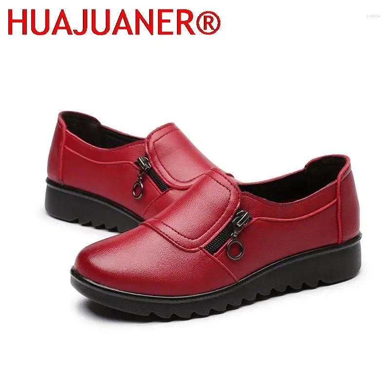 Lässige Schuhe 2024 Mode weiche Leder runde Kopf Frauen Flats Ladies Side Zipper Flach Oxford Single Nicht-Schlupfer warme Hangabsatz