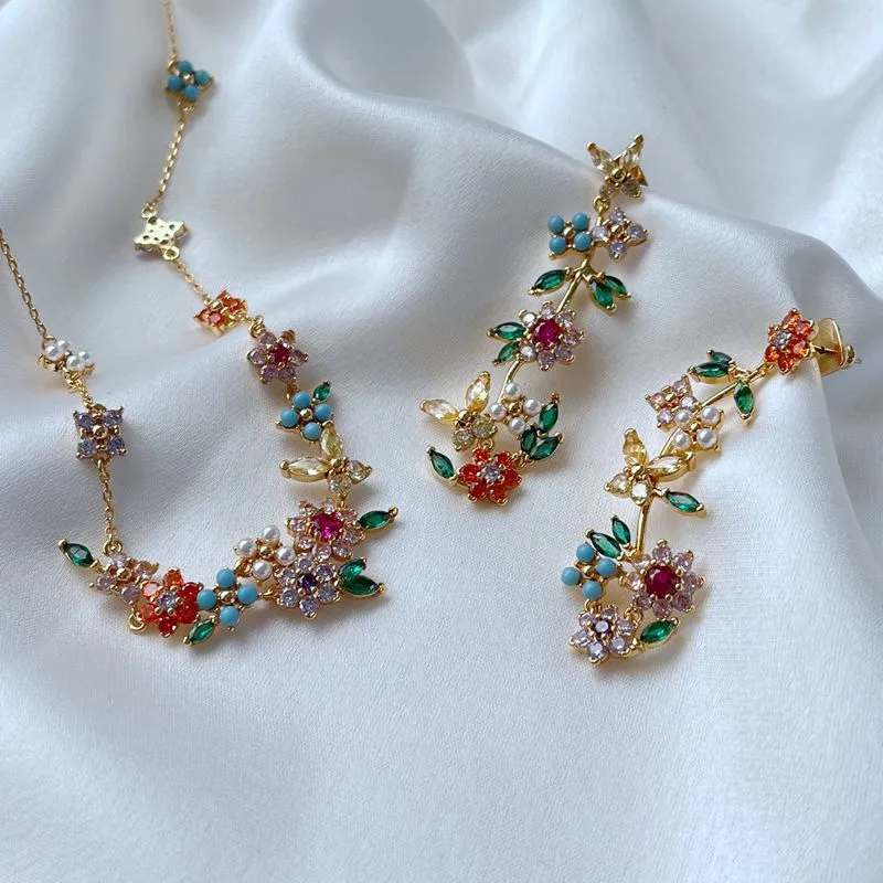 Mode Luxus Landschaftsstil Halskette Ohrringe für Frauen Mädchen frisch süßer Schmetterling vier Blumen eingelegt
