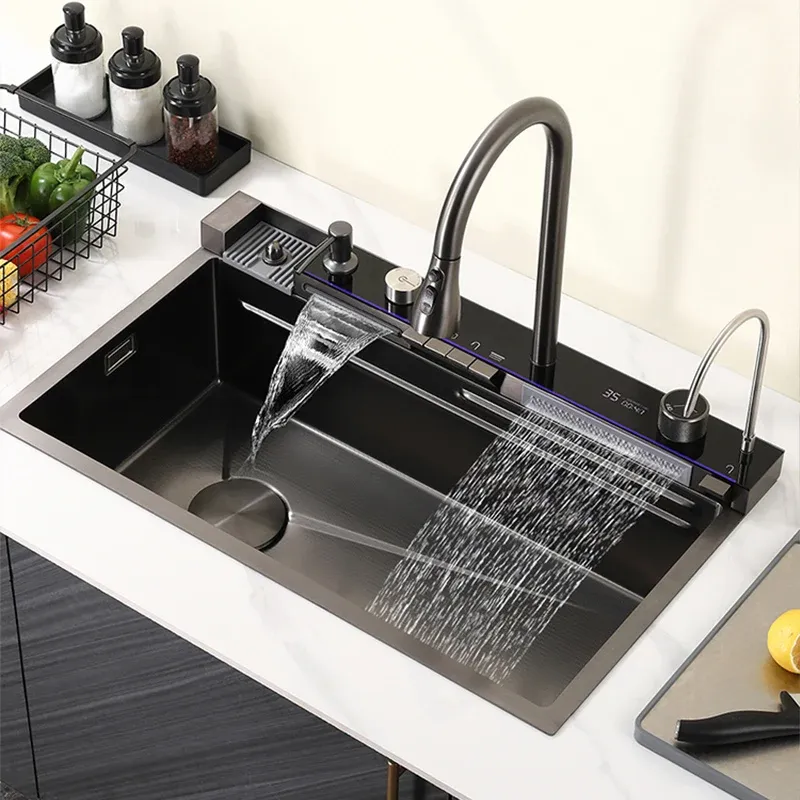 Şelale mutfak lavabo paslanmaz çelik apartman büyük tek yuva musluk seti dijital ekran çok işlevli yıkama havzası yıkama