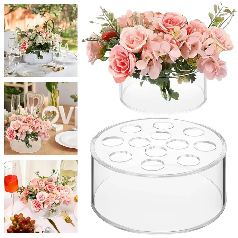 Klare Acrylblütenvase kreisförmige niedrige Vase-Leckdofte runde dekorative Vase Multifunktion 12 Löcher für Home Wedding Decor 240422