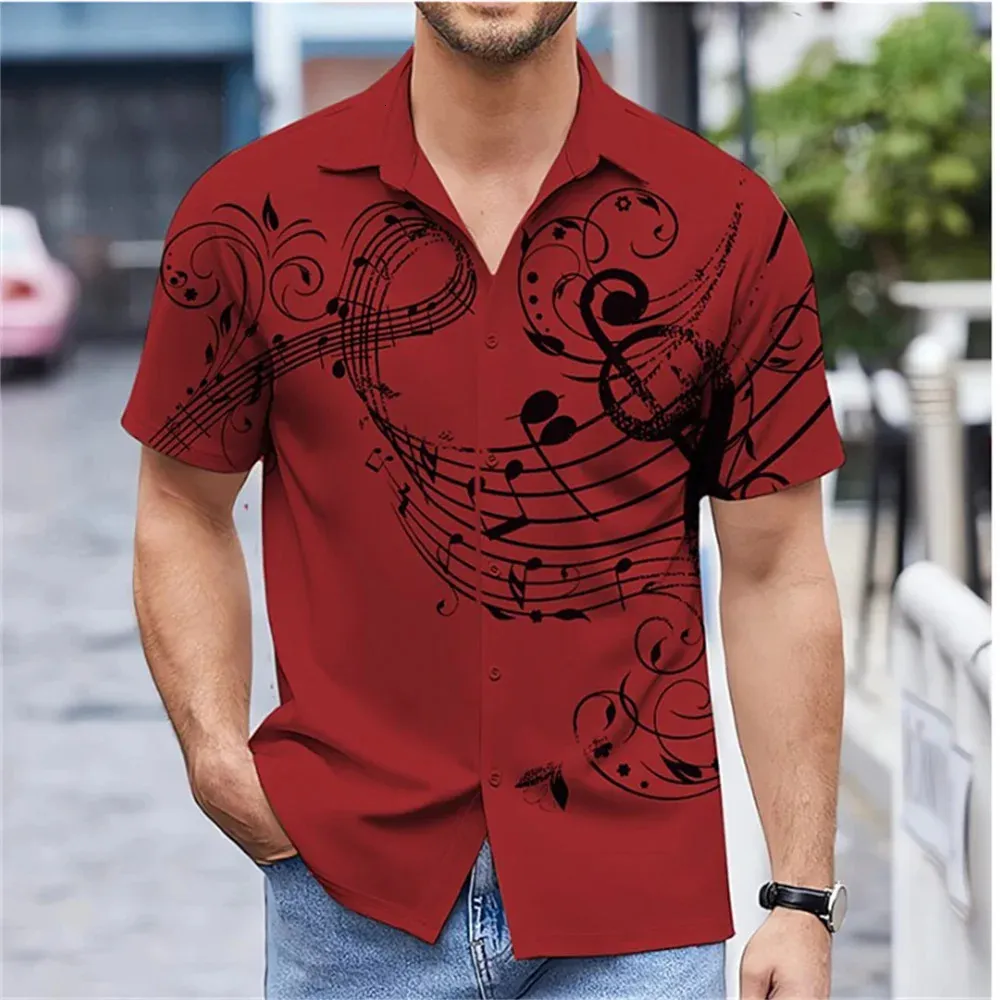 Summer Mens Shirt Music Note Imprimer Couleur solide bouton de rue extérieur Bouton de mode à manches courtes Casual Soft 240424