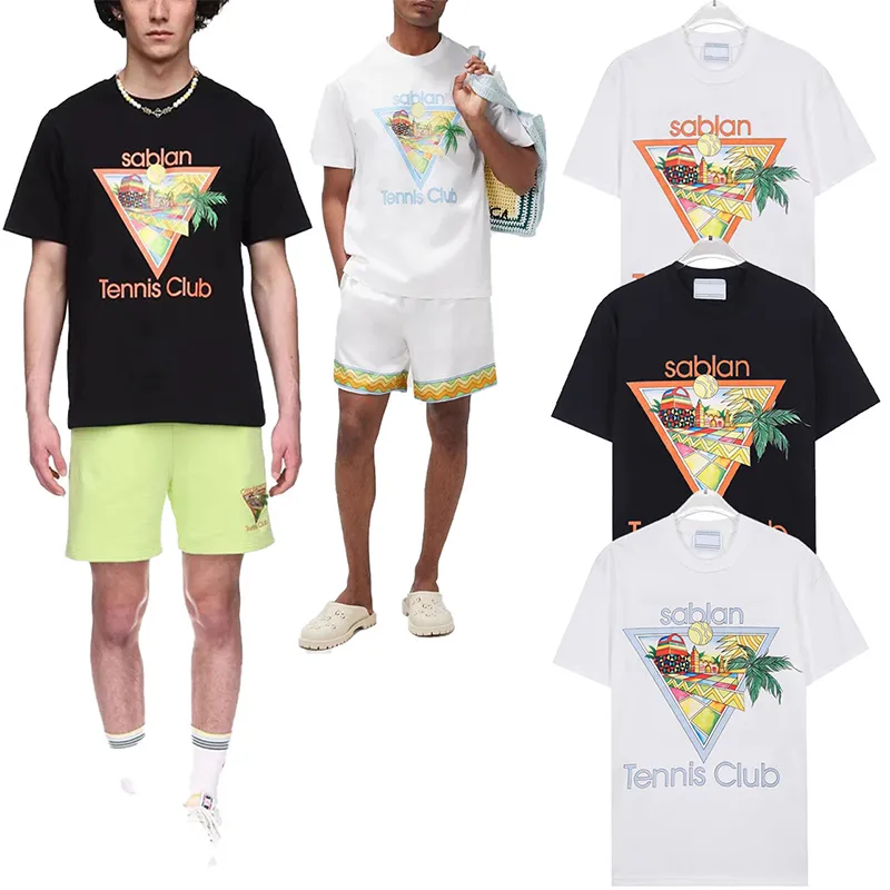 US Style Men Tennis Flower Triangle Imprimer Tee Femme Summer Vintage Casual Short Sleeve T-shirt 3xl 24SS 0428