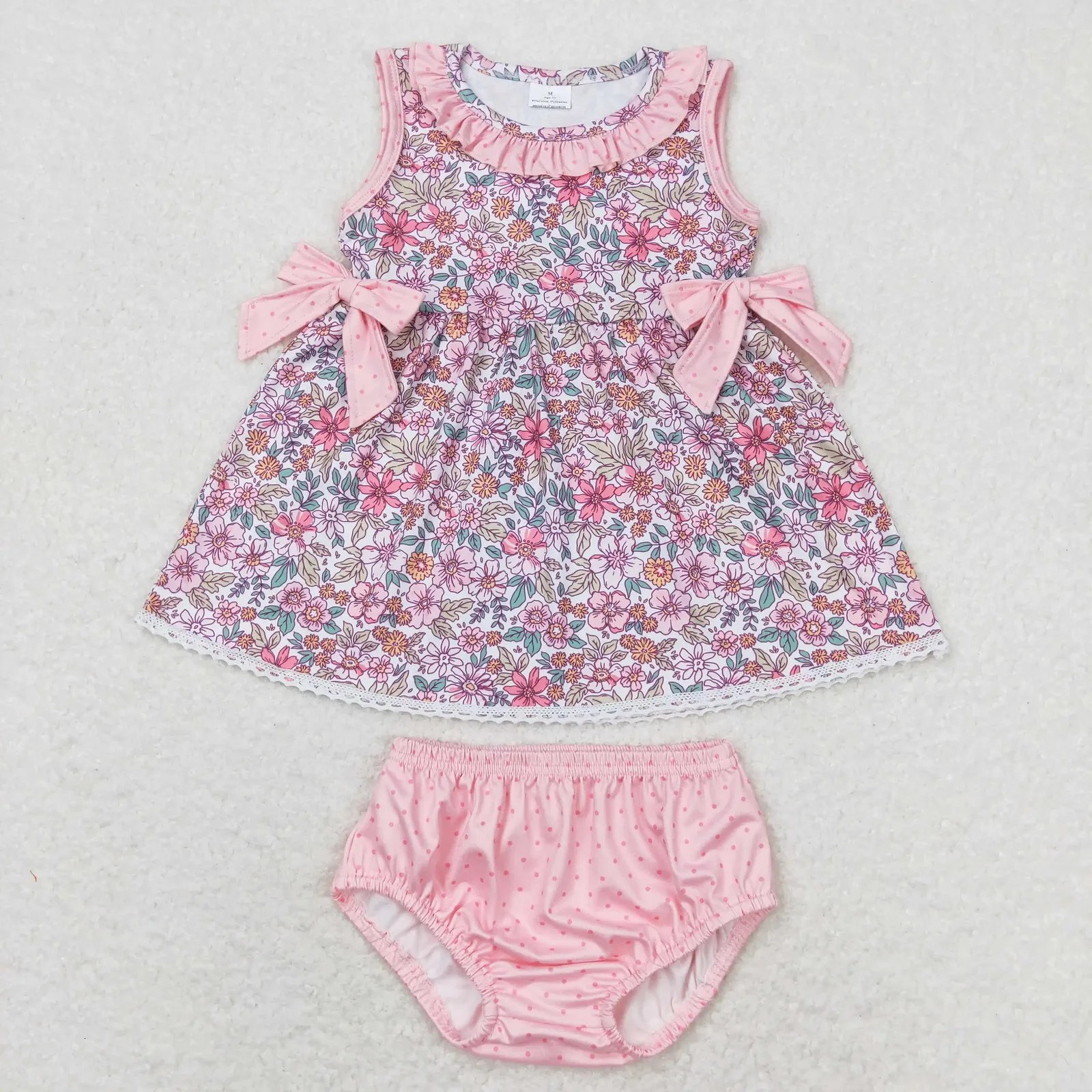 gbo0313夏のブティック幼児幼児服花柄のピンクのレースボウブリーフセットセット240426