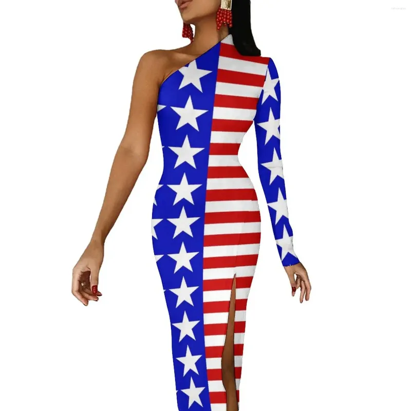 Abiti casual USA American Flag Maxi Dress One Spall Stars and Stripes Party BodyCon Spring Ladies Studi grafici